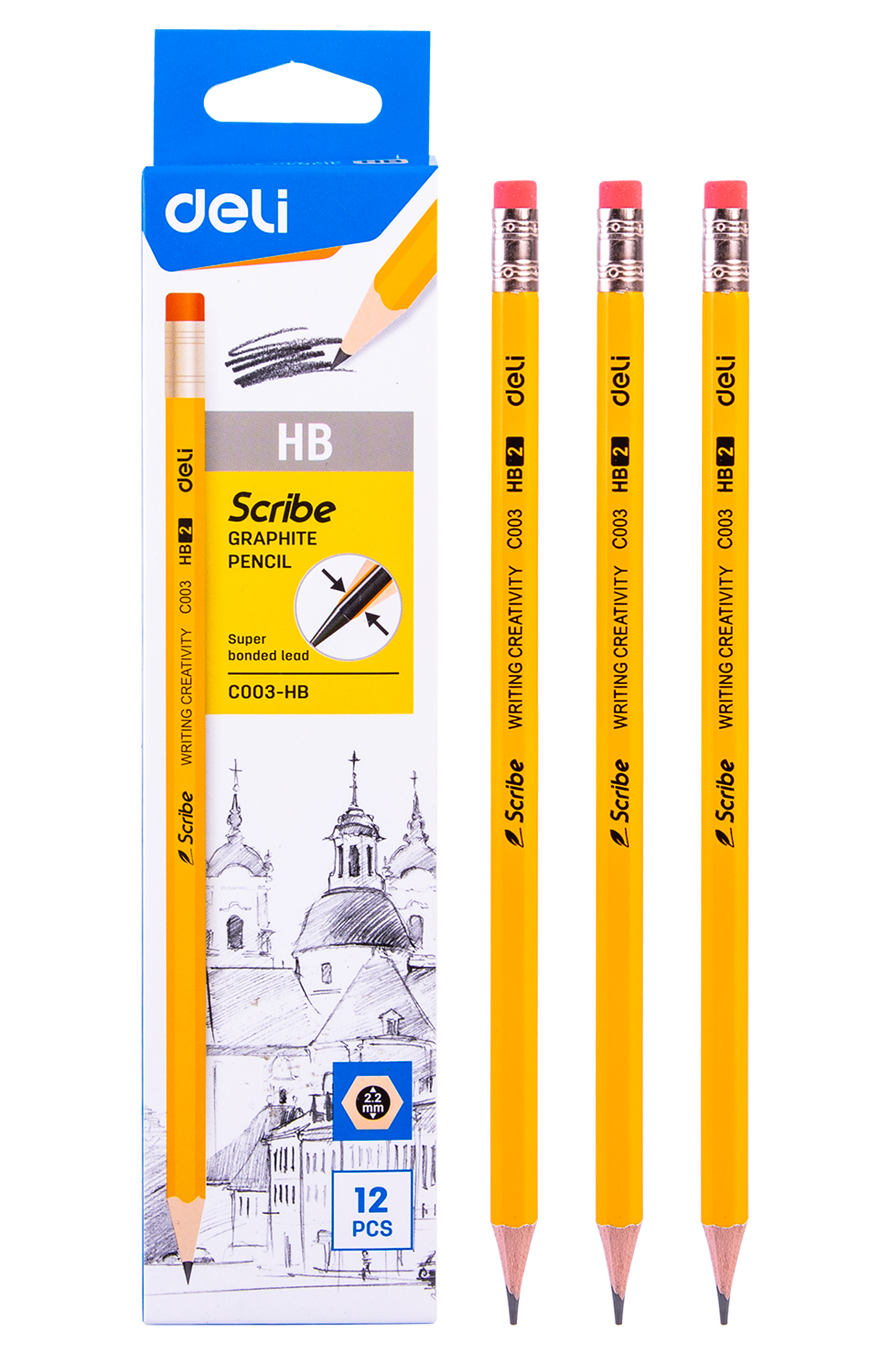 Lápiz Carbón HB #2, Amarillo, 12pcs - Deli Scribe C003-HB
