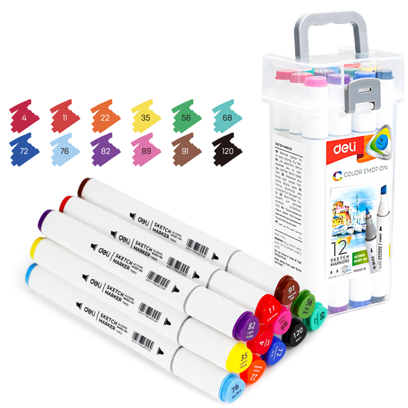 Marcadores Doble Punta para Dibujo, 12 Colores - Deli Color Emotion 70803-12