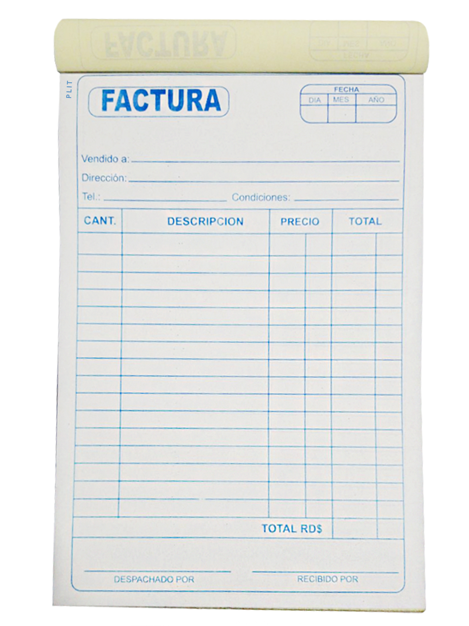 Talonario de Factura Grande  5 ½” x 8 ½”, CON 1 COPIA NCR