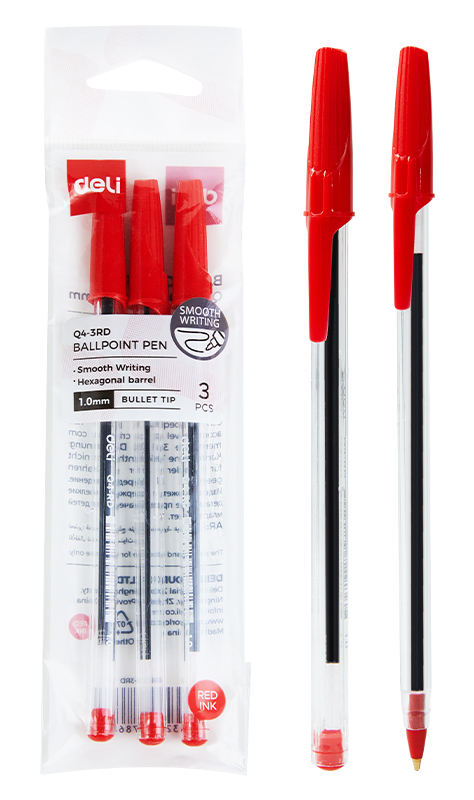 Bolígrafo Deli Q4 BallPoint Pen 1.0 mm Rojo, 3 Unidades