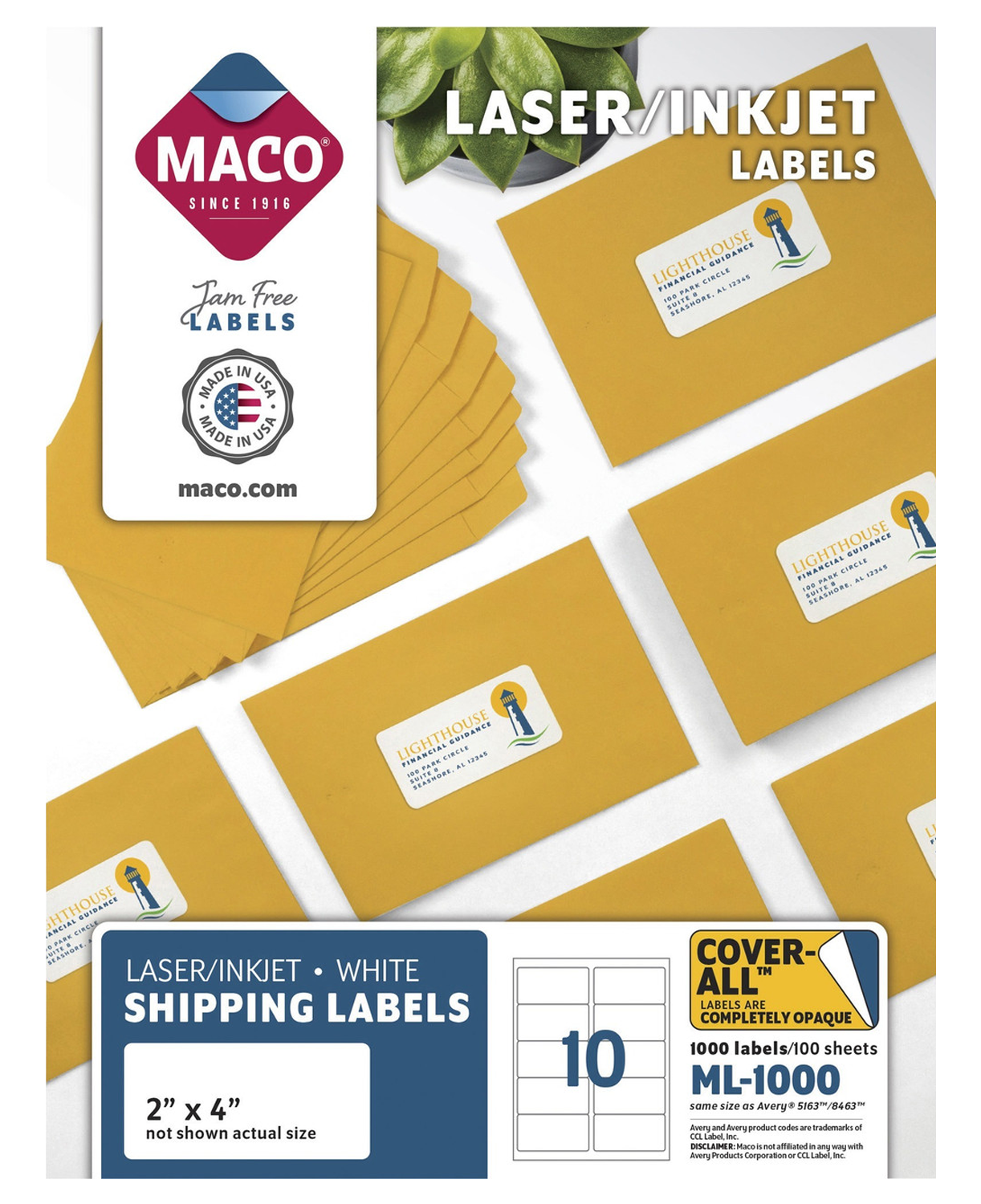 Laminas de Etiqueta 2″ x 4″ para Impresión Laser / Inkjet, 1,000 Labels - MACO ML-1000