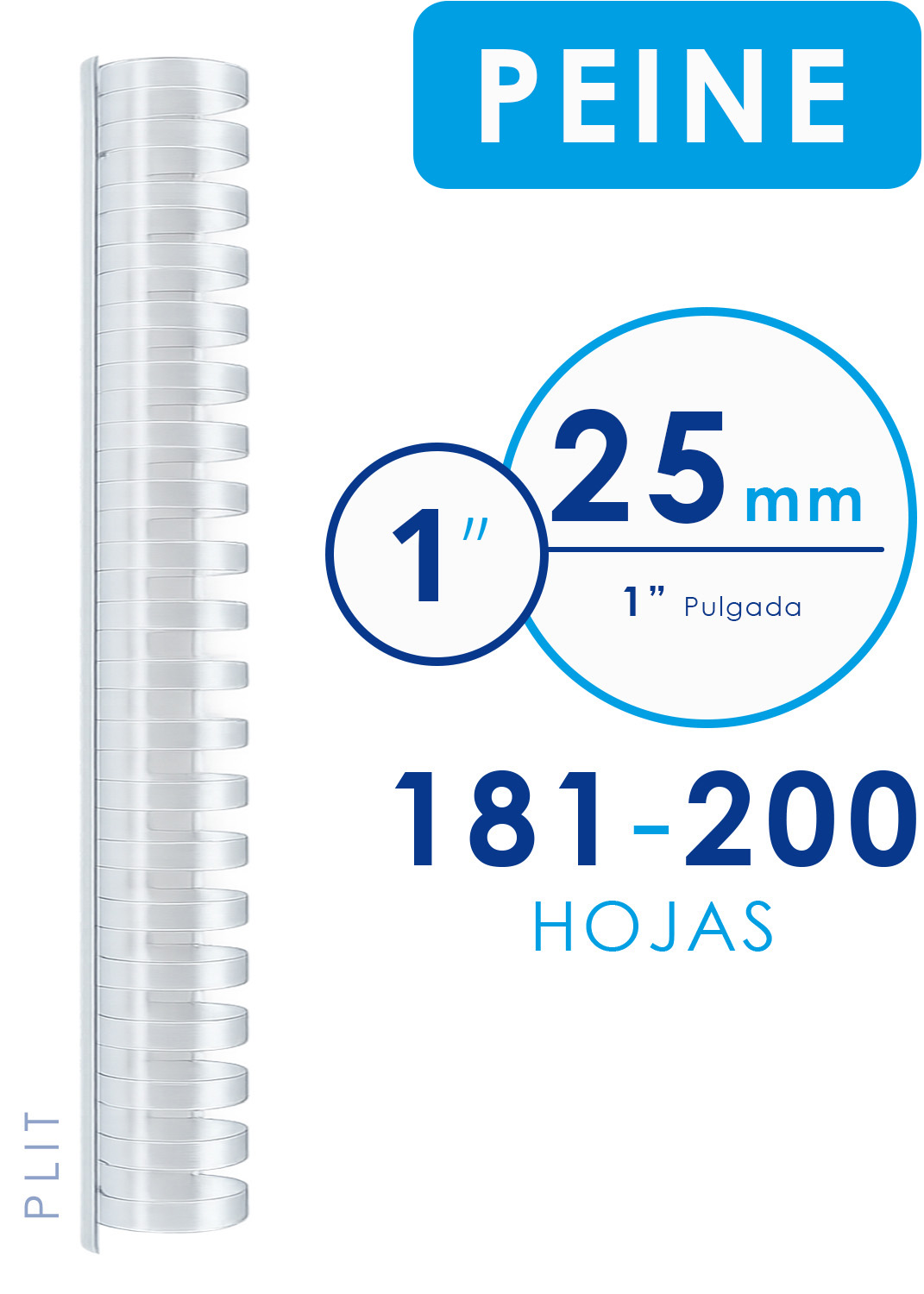 Espiral Plástico Tipo Peine Transparente 25 mm (1") para 200 Hojas , 50 pcs