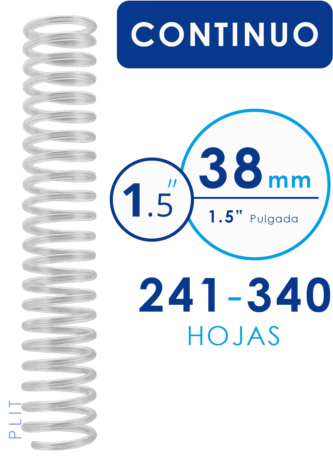 Espiral Continuo Plástico Transparente 38 mm (1.5") para 340 Hojas, 100 pcs