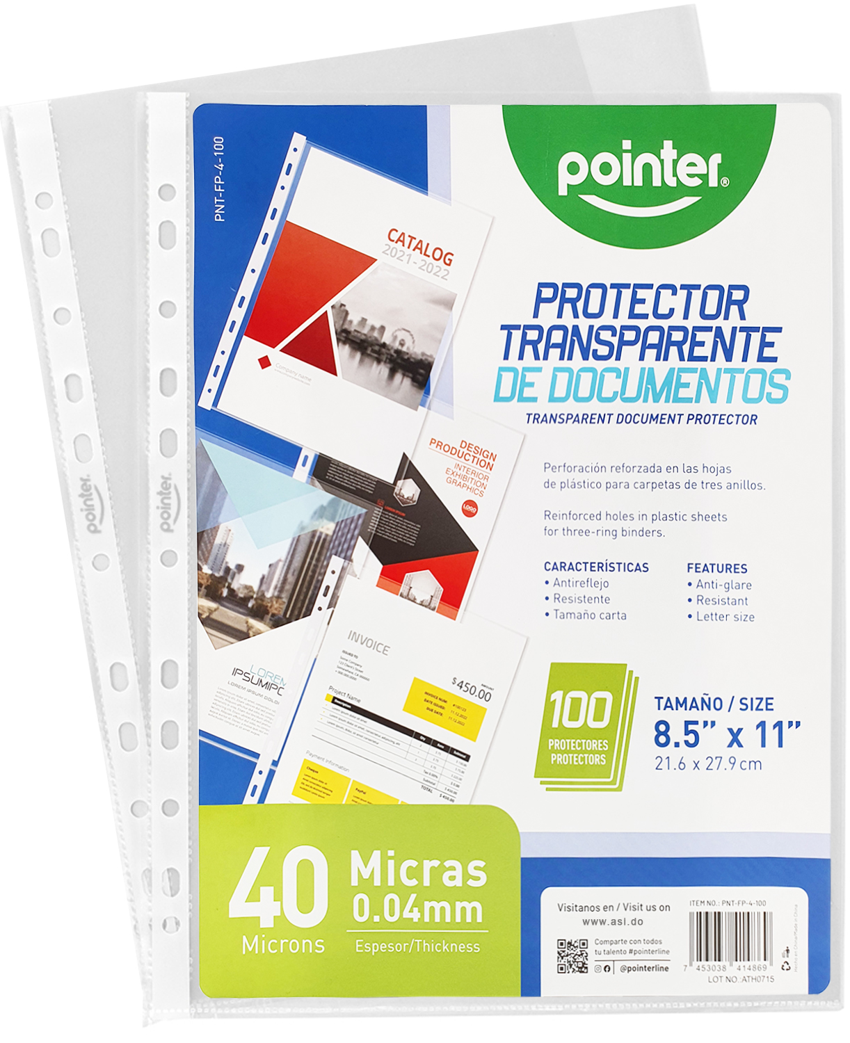 Protector de Hoja Transparente A4 8.5" x11", 40 Micra, 100 Pcs - Pointer PNT-FP-4-100