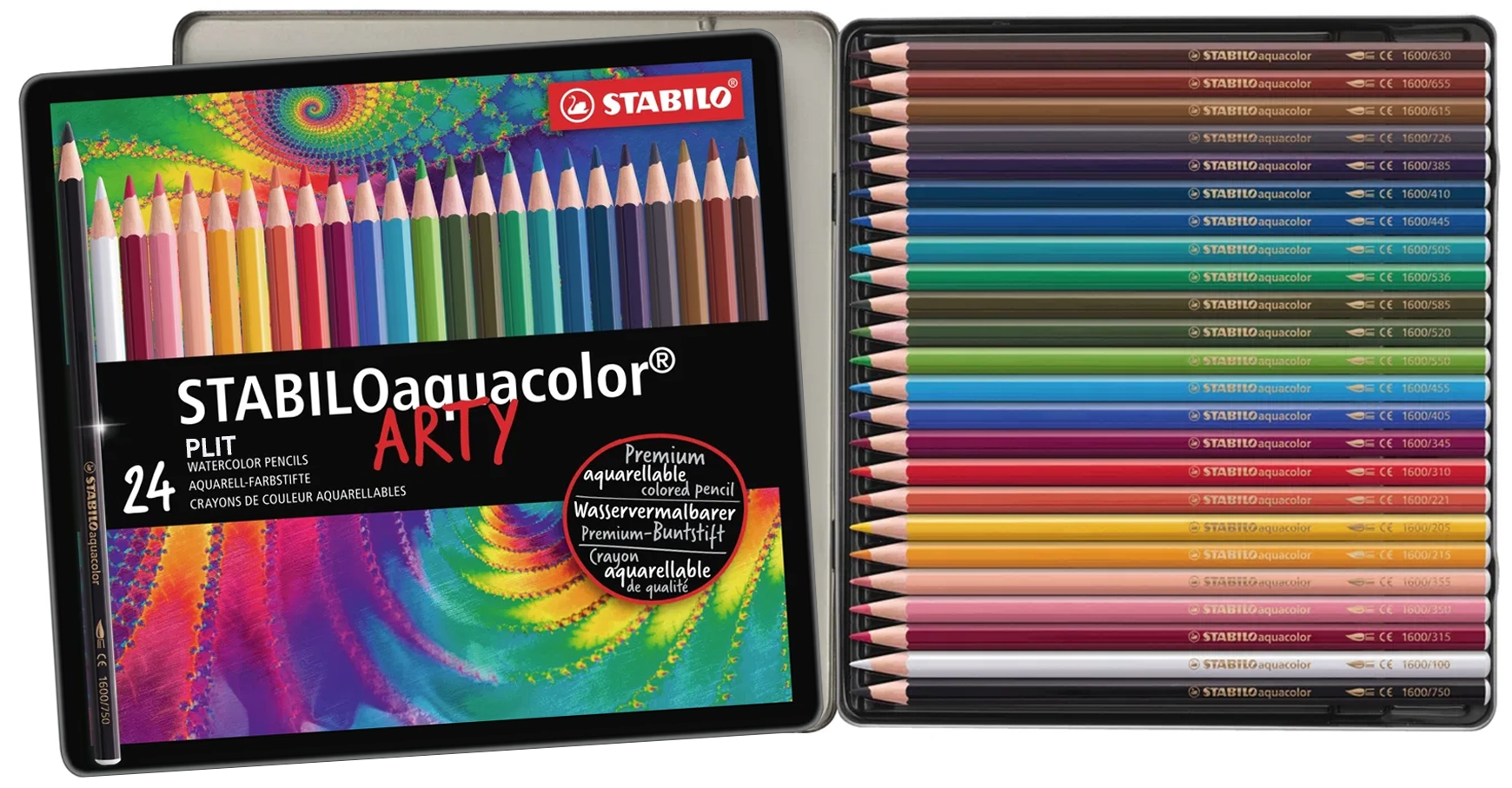 Lápices de Colores Acuarelables STABILO Aquacolor 1624-5 con Estuche Metálico, 24 Colores