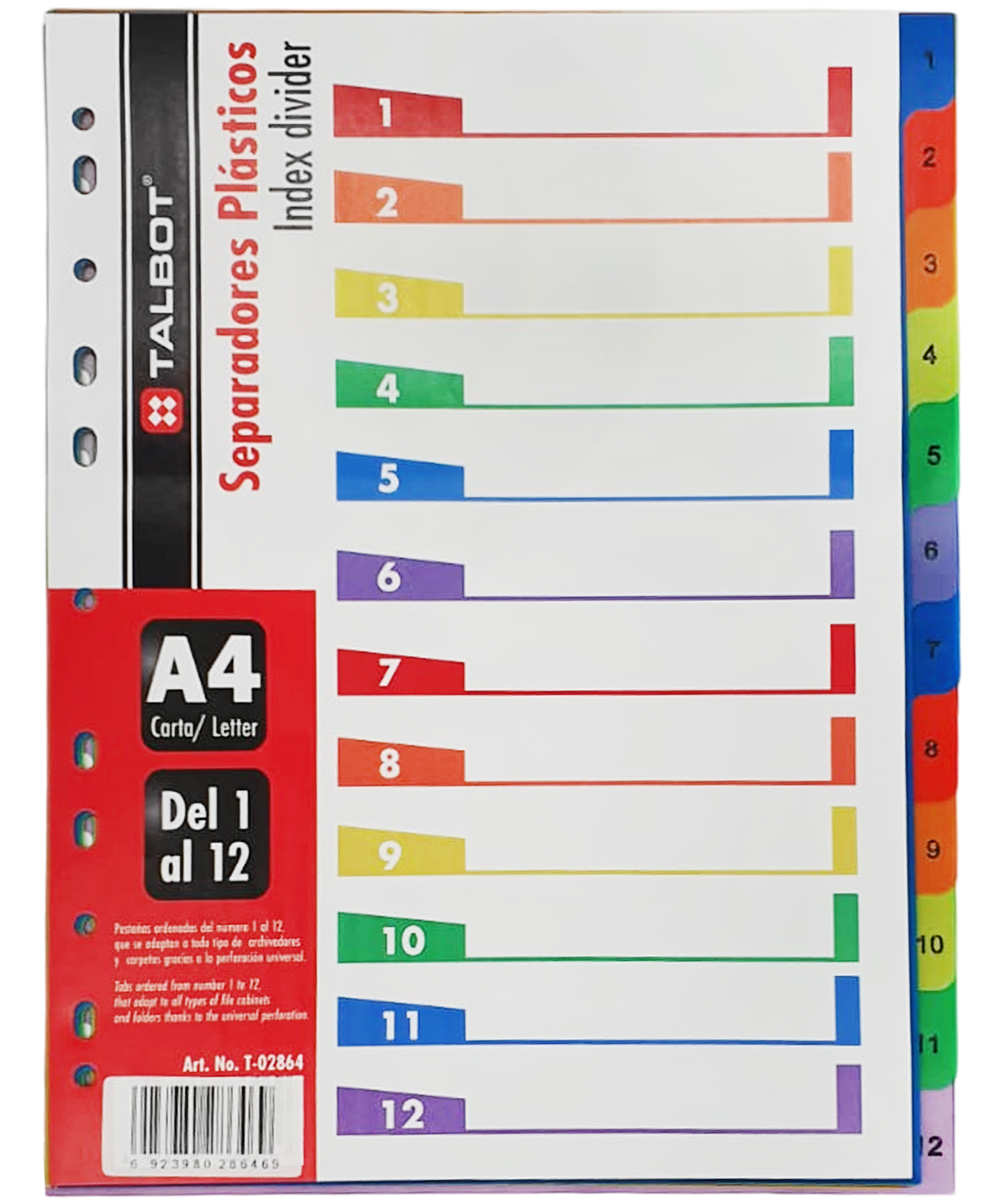 Separador / Divisor Plástico para Carpetas de 12 Pestañas, Colores Surtidos - Talbot T-02864