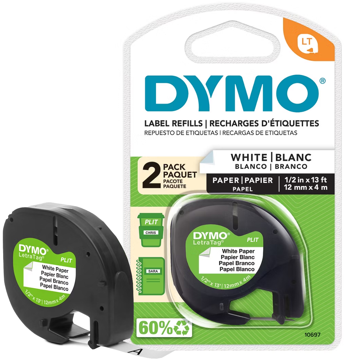 Set de Cinta Dymo 1/2 Papel Blanco para Rotuladora Dymo 100H Letratag #10697