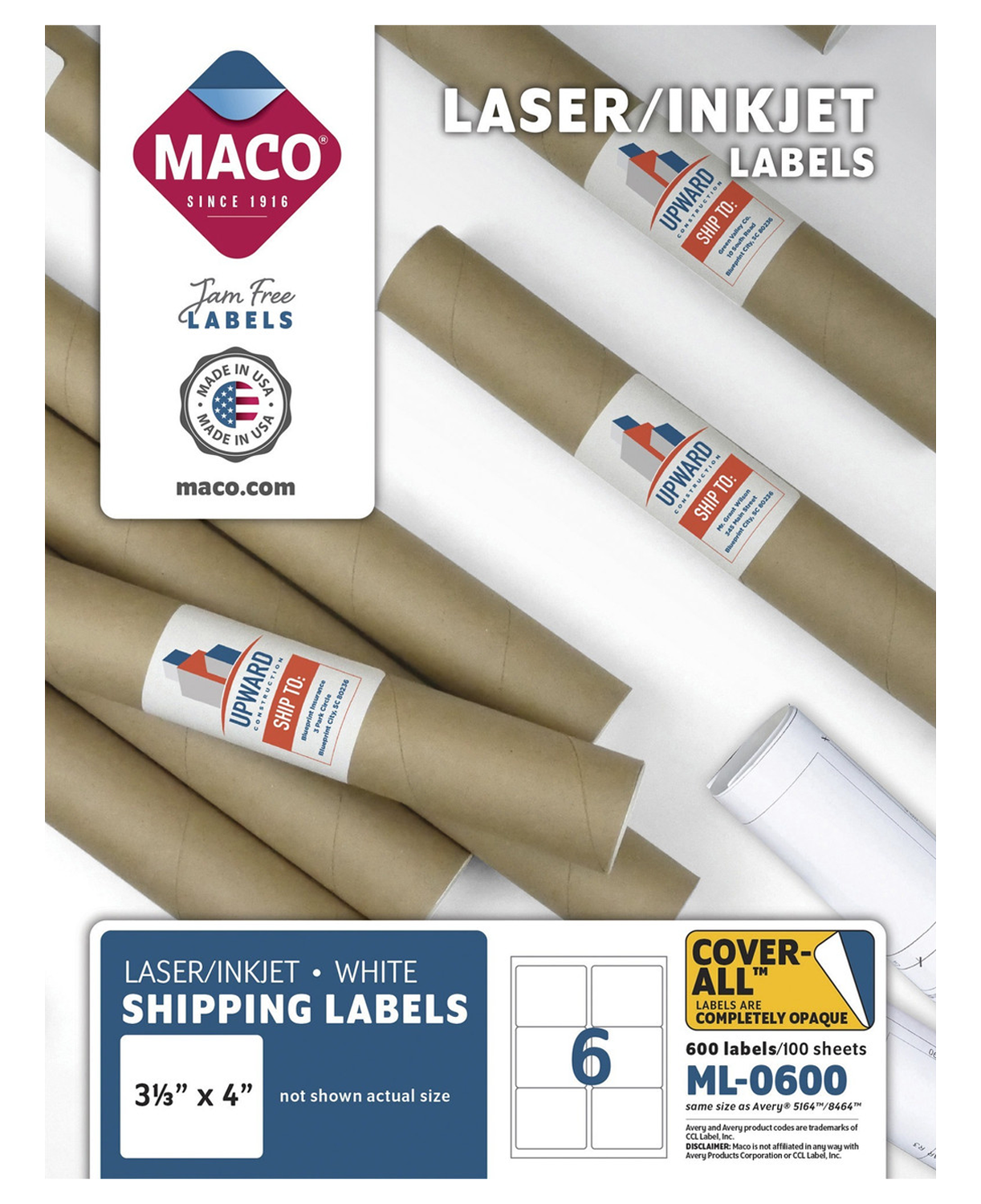 Laminas de Etiqueta 3-1/3″ x 4″ para Impresión Laser / Inkjet, 600 Labels - MACO ML-0600