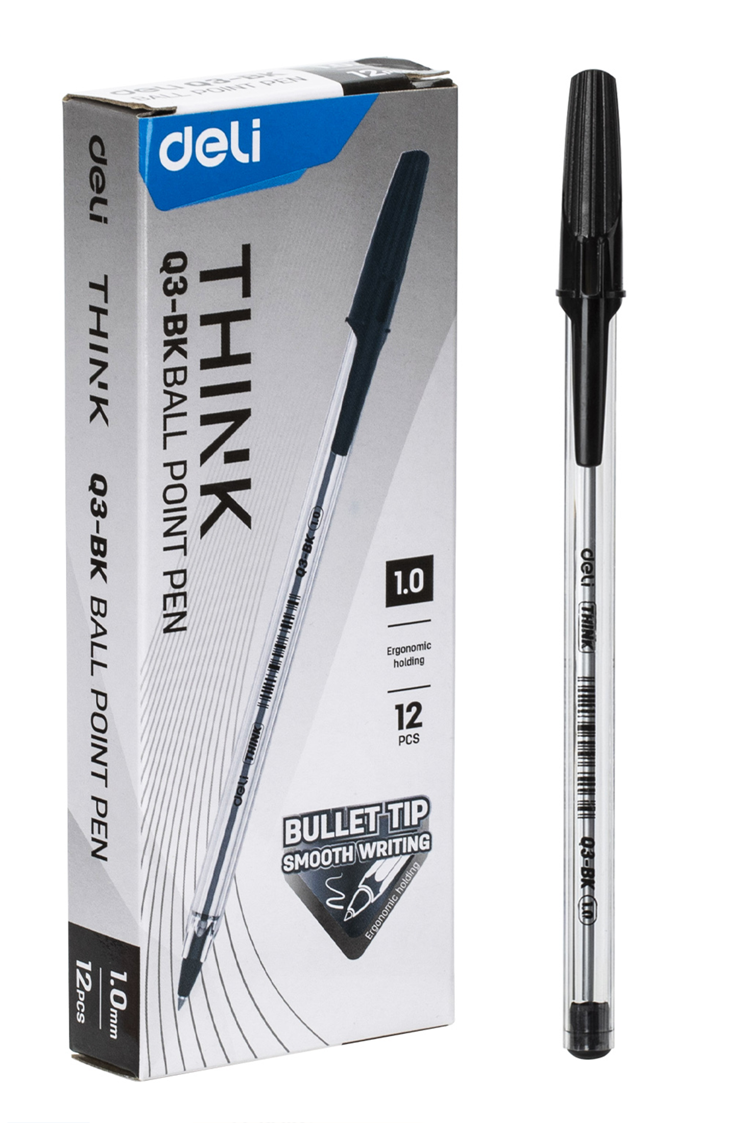 Bolígrafo Deli Think Q3 Ball Point Pen 1.0 mm Negro, 12 Unidades