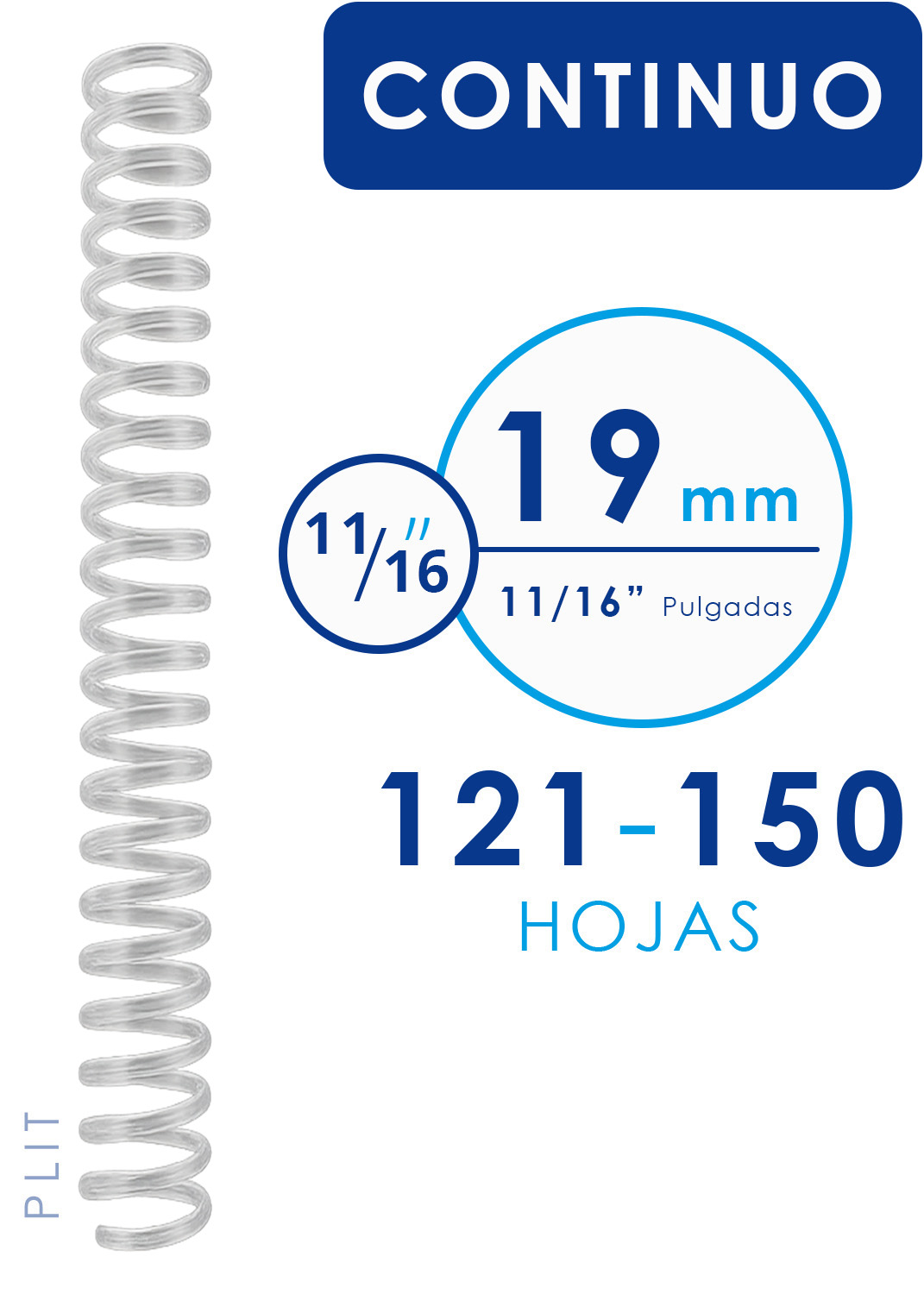 Espiral Continuo Plástico Transparente 19 mm para 150 Hojas, 50 pcs
