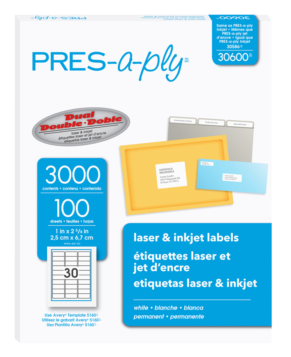 Etiqueta Adhesiva 1" x 2 5/8" para Impresión Laser / Inkjet, 3000 Labels - PRES-a-ply 30600