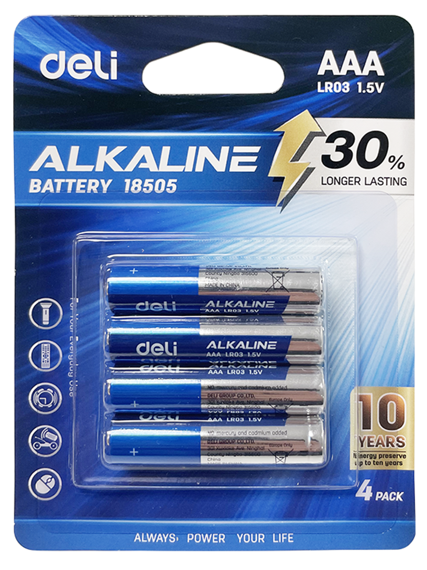 Pila Batería Alcalina AAA 1.5V, 4pcs - Deli LR03