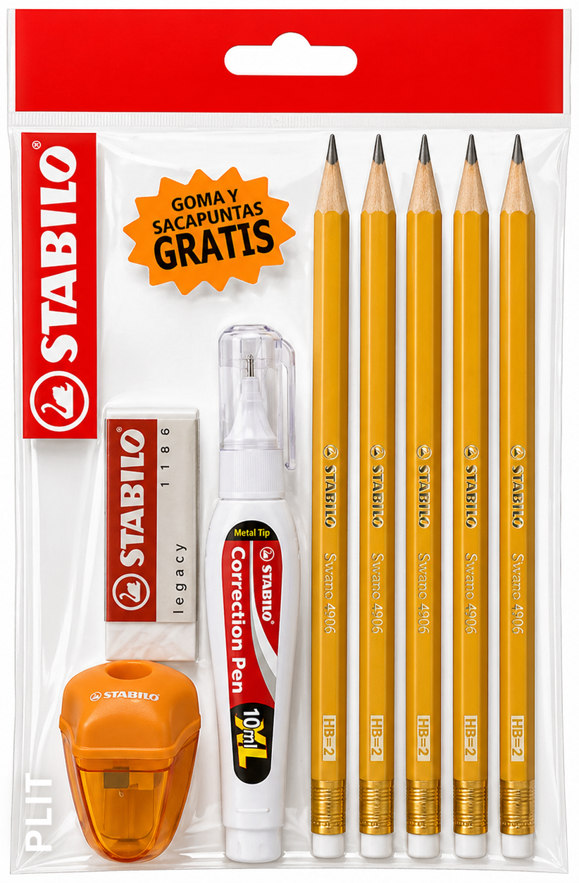 Set Escolar STABILO: Lápices HB2 Swano 4906 + Corrector Líquido + Goma + Sacapuntas, 4 Artículos 