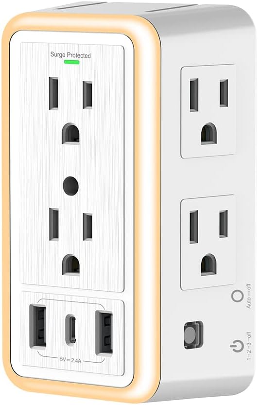 Regleta de Enchufe Tomacorriente de 6 Salidas, USB y Luz Nocturna ProHT 03888