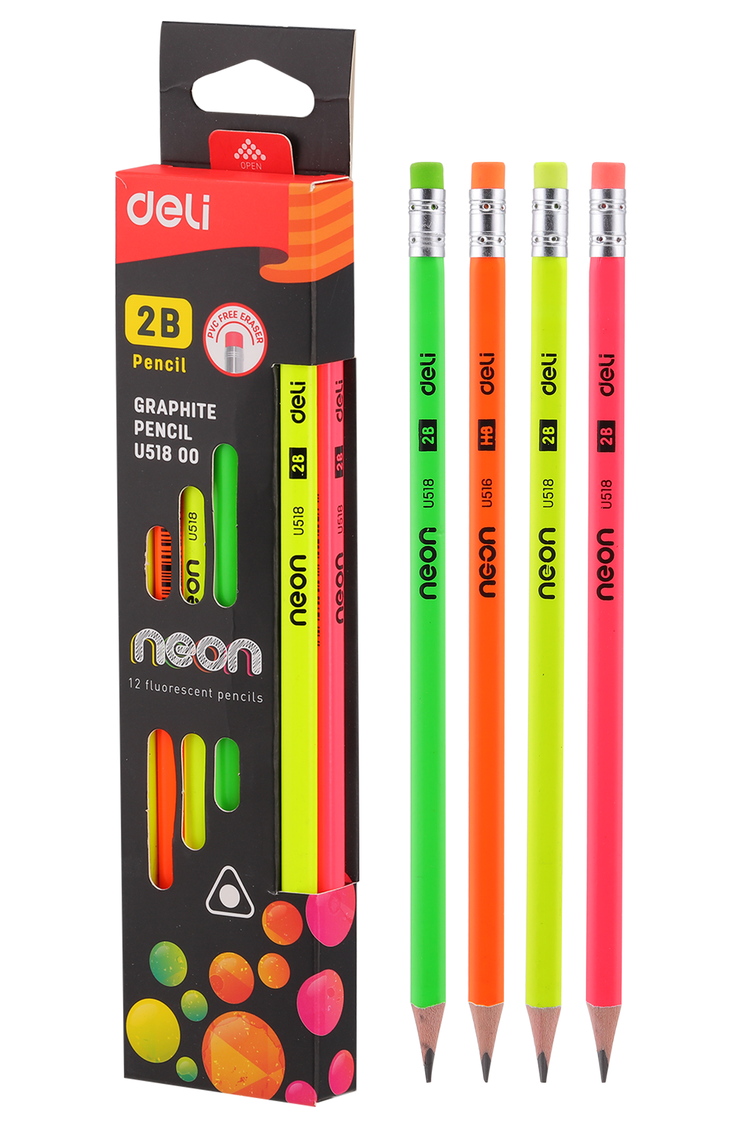 Lápiz de Carbón 2B, Colores Neon, 12pcs - Deli Mate U51800