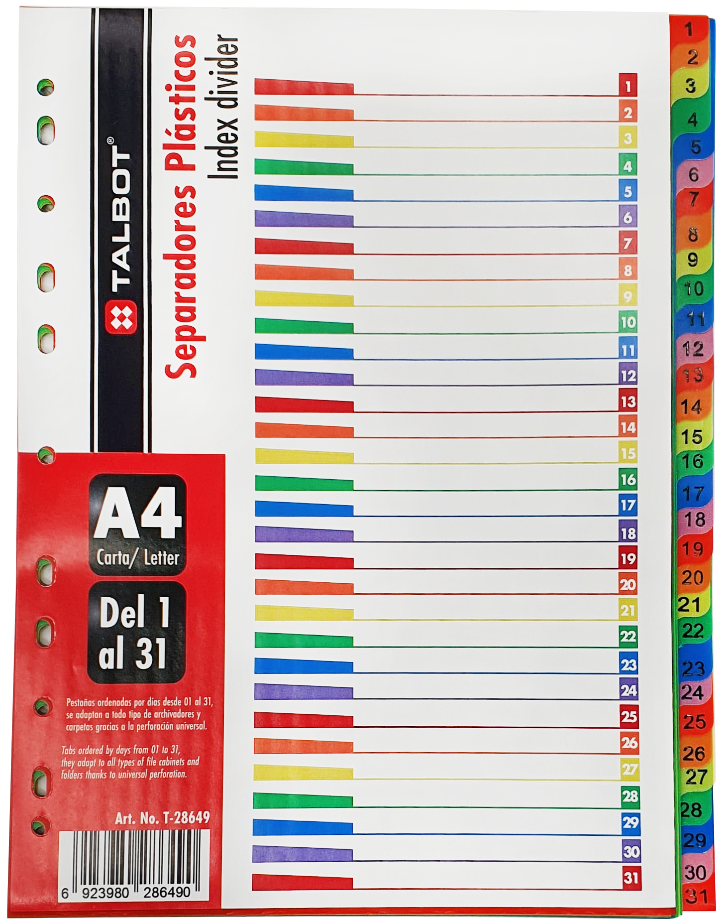 Separador / Divisor Plástico para Carpetas de 31 Pestañas, Colores Surtidos - Talbot T-28649