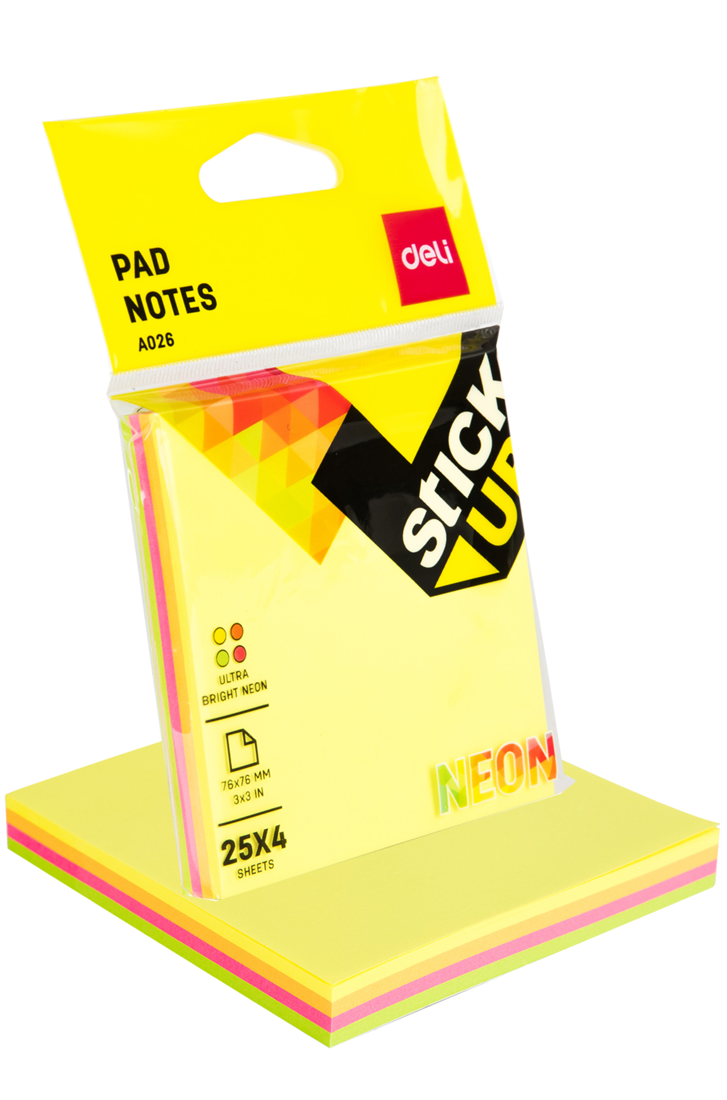 Torre de Nota Adhesiva (Post-it) 3x3 Color Neon, 100 Hojas - Deli Stick Up A026