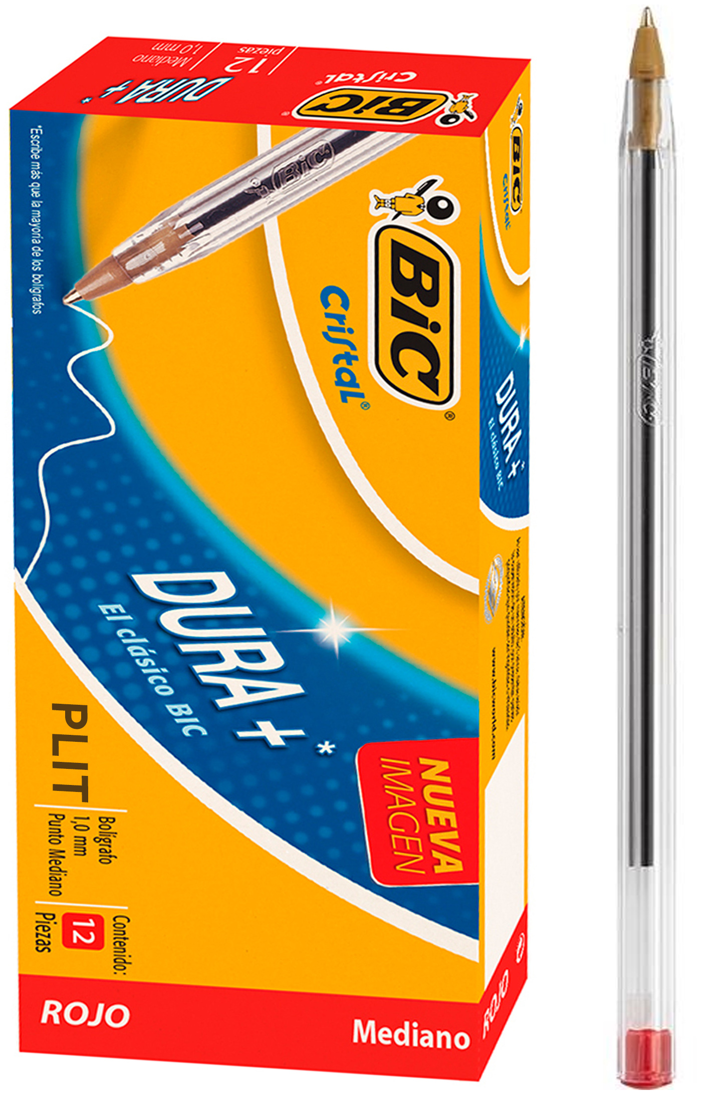 Bolígrafo Bic Cristal Rojo 1.0mm Mediano, 12 Lapicero