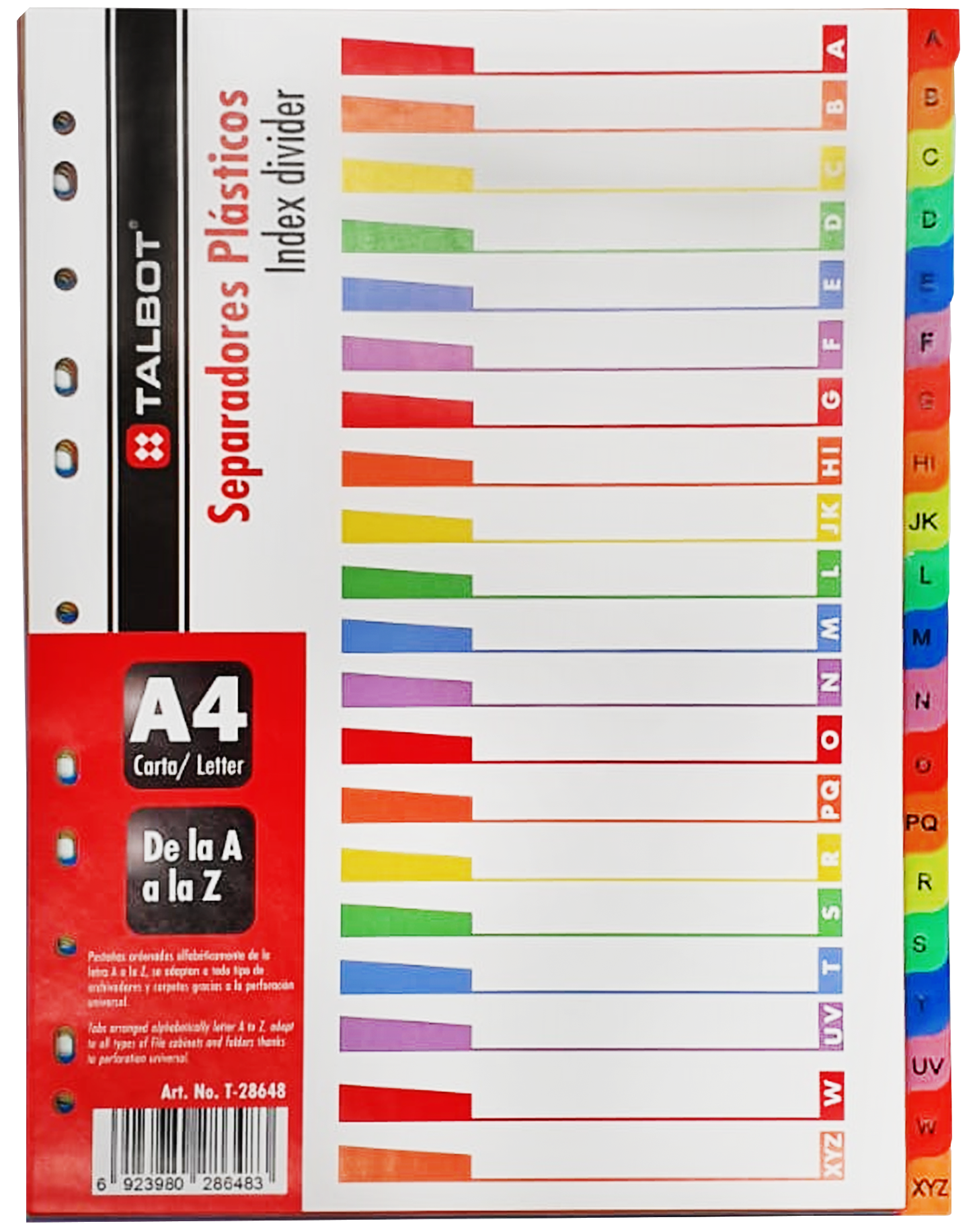 Separador Alfabético para Carpetas, Abecedario de A-Z , Colores Surtidos - Talbot T-28648