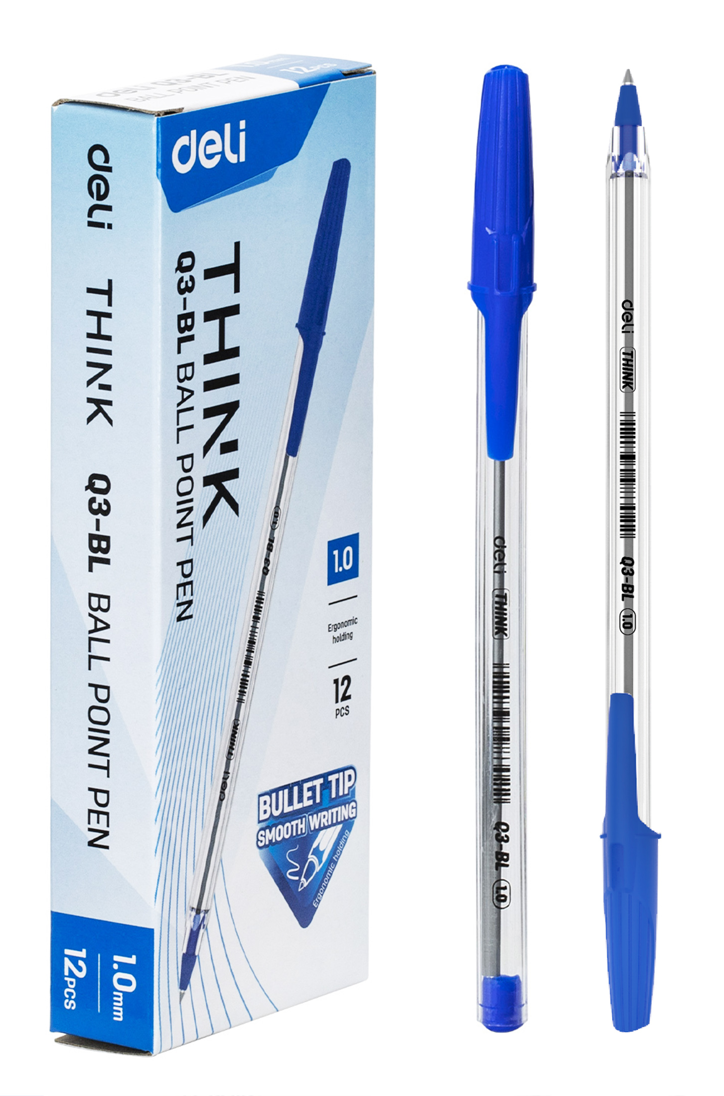 Bolígrafo Deli Think Q3 Ball Point Pen 1.0 mm Azul, 12 Unidades