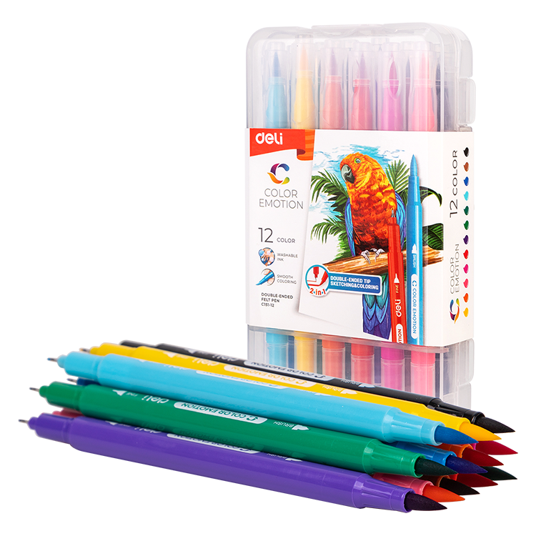 Marcadores Doble Punta (Felpa/Pincel) para Dibujo, 12 Colores - Deli Color Emotion