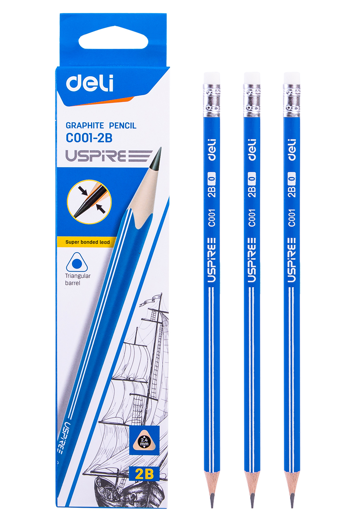 Lápiz de Carbón 2B de Cuerpo Triangular Deli Uspire, 12 pcs