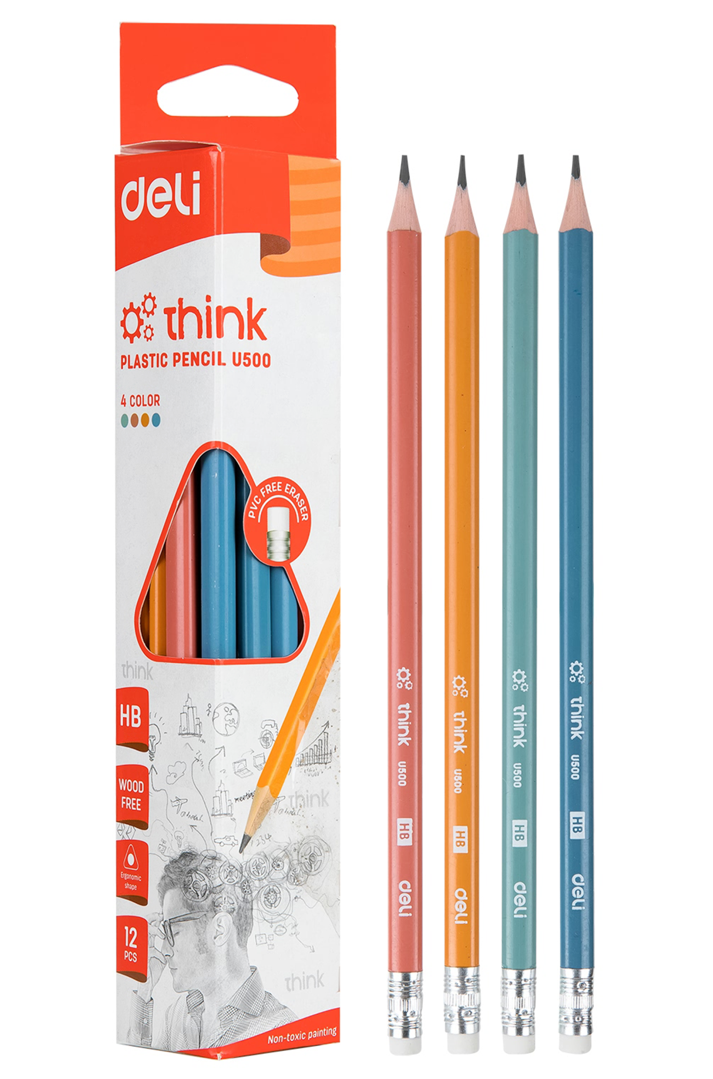 Lápiz de Carbón HB de Estructura Plástica, 12 pcs. - Deli Think