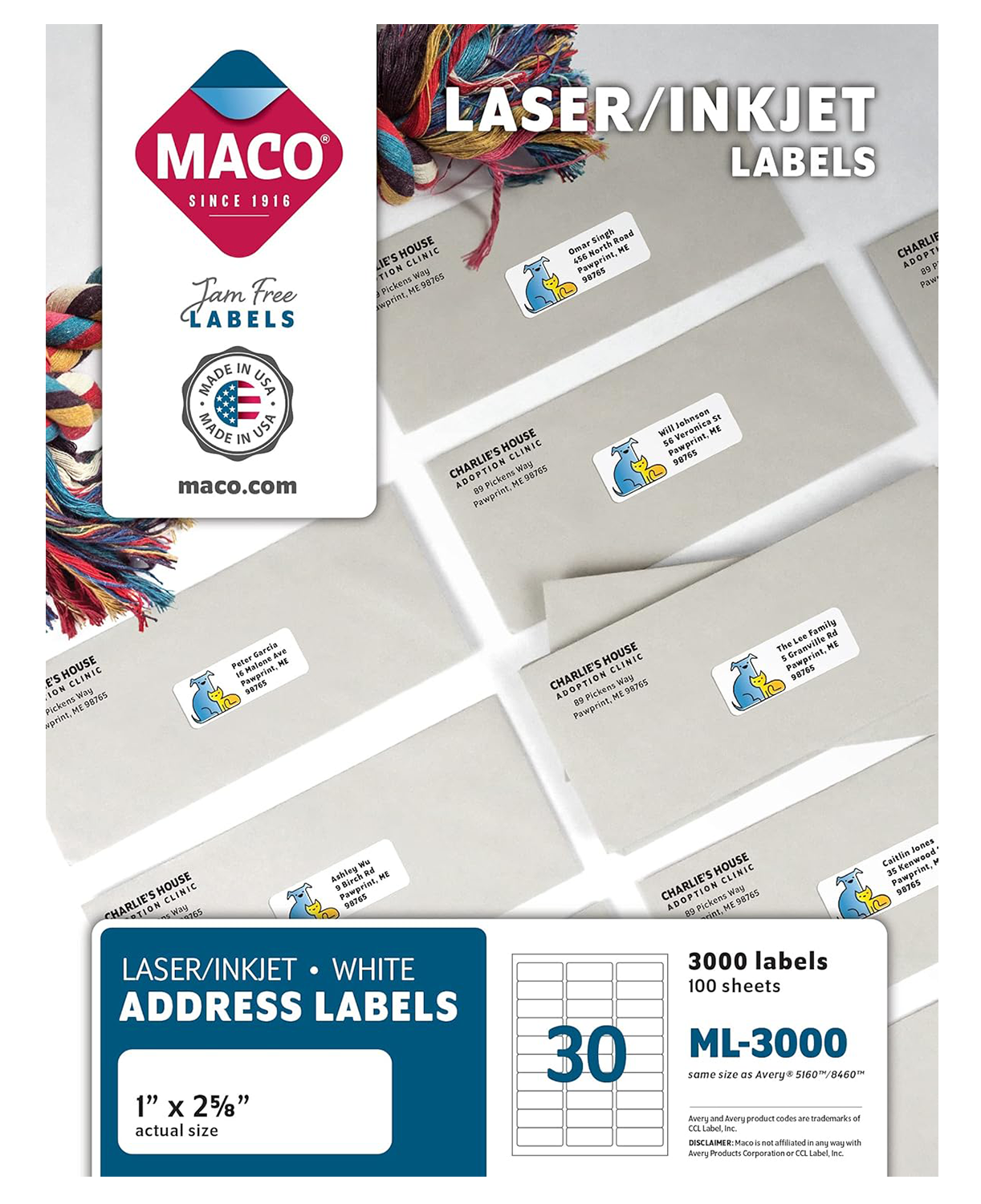 Laminas de Etiqueta 1" x 2 5/8" para Impresión Laser / Inkjet, 3000 Labels - MACO ML-3000