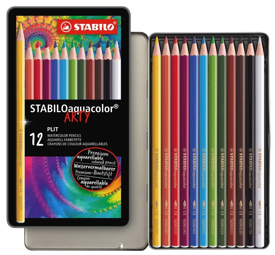 Lápices de Colores Acuarelables STABILO Aquacolor 1612-5 con Estuche Metálico, 12 Colores