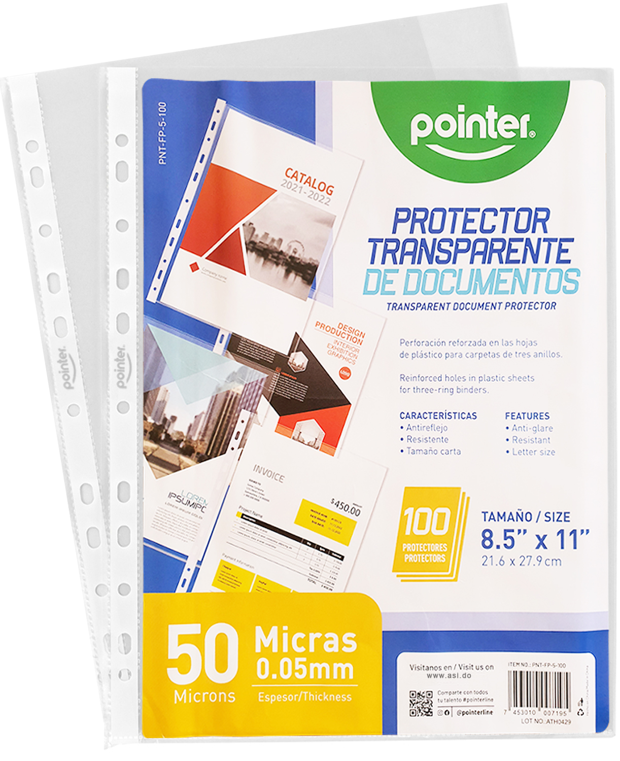Protector de Hoja Transparente A4 8.5" x11", 50 Micra, 100 pcs - Pointer PNT-FP-5-100