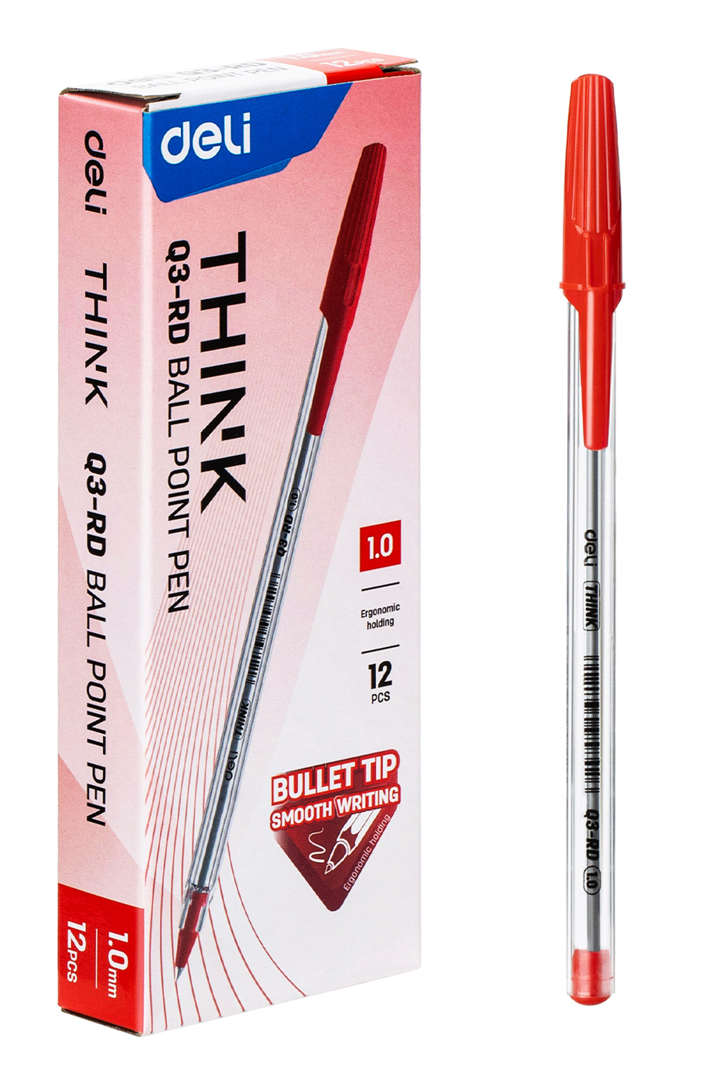 Bolígrafo Lapicero Deli Think Q3 Ball Point Pen 1.0 mm Rojo, 12 Unidades