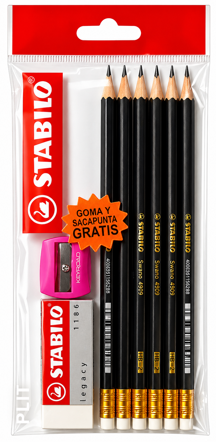 Set Escolar STABILO: Lápices HB2 Swano 4909 Negro + Goma de Borrar + Sacapuntas, 3 Artículos 
