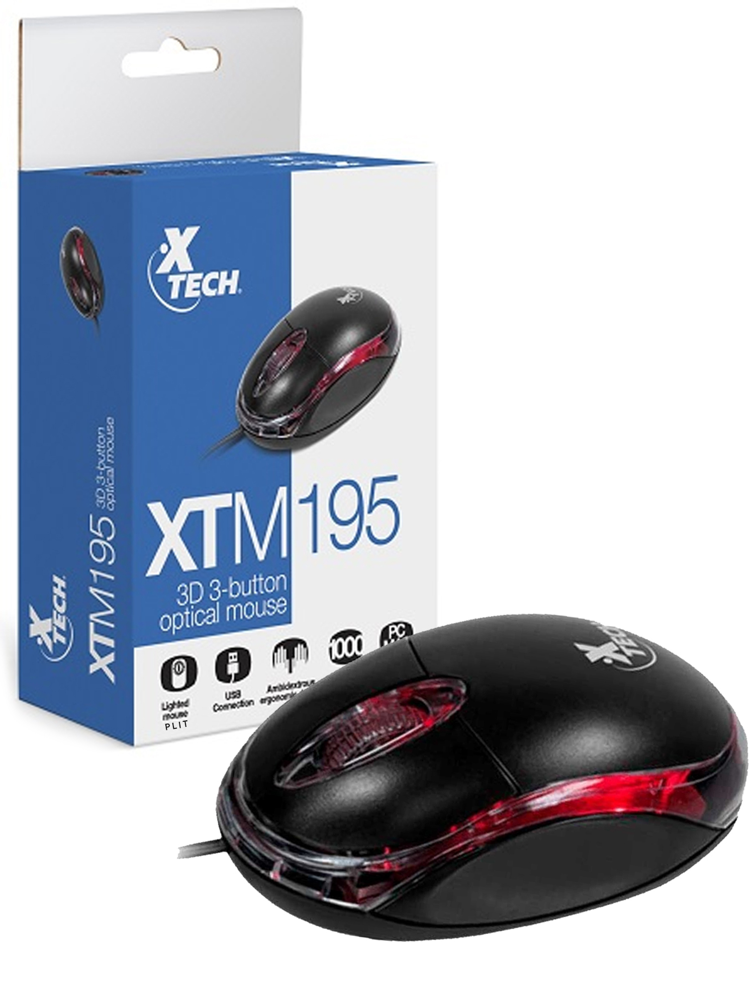 Mouse Alámbrico USB 3D de 1,000 DPI y Interior Iluminado - Xtech XTM-195