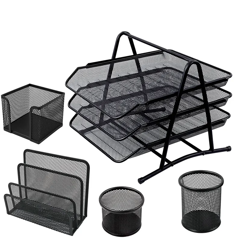 Set Organizador de Escritorio Foska de 5 Piezas en Malla Metálica, Negro